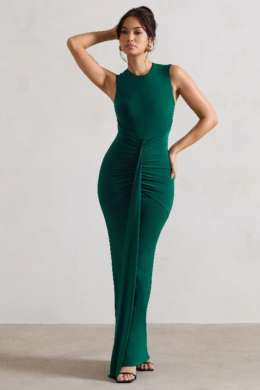 Alexa | Bottle Green High-Neck Gathered Maxi Dress With Drape