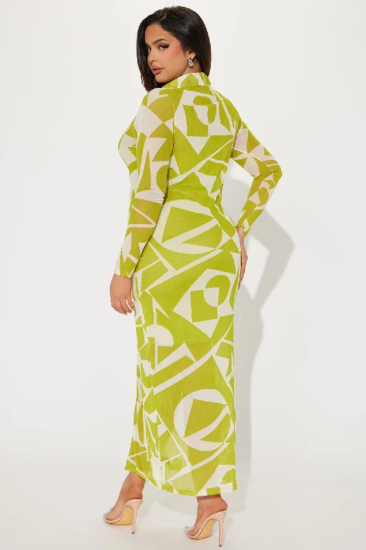 Alia Geometric Mesh Maxi Dress - Green/combo