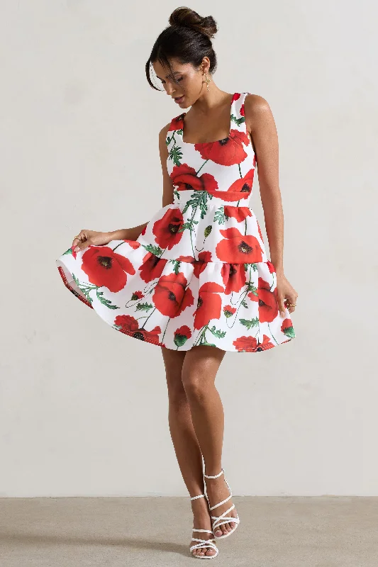 Alia | Poppy Print Scoop-Neck Tiered Volume Hem Mini Dress