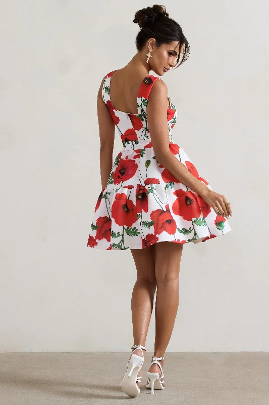 Alia | Poppy Print Scoop-Neck Tiered Volume Hem Mini Dress