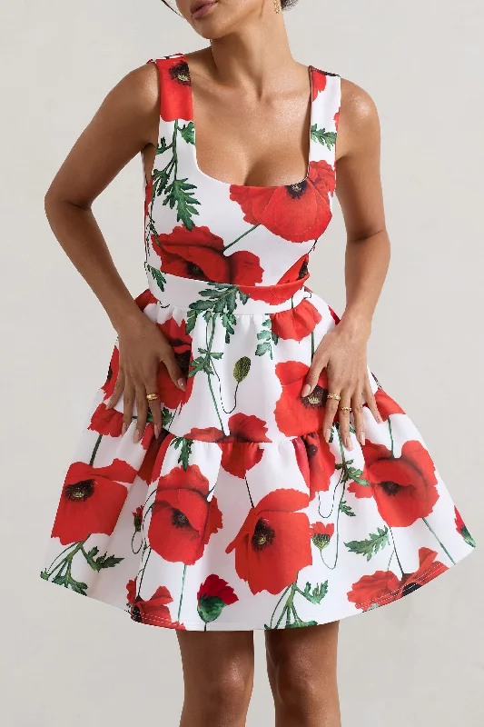 Alia | Poppy Print Scoop-Neck Tiered Volume Hem Mini Dress