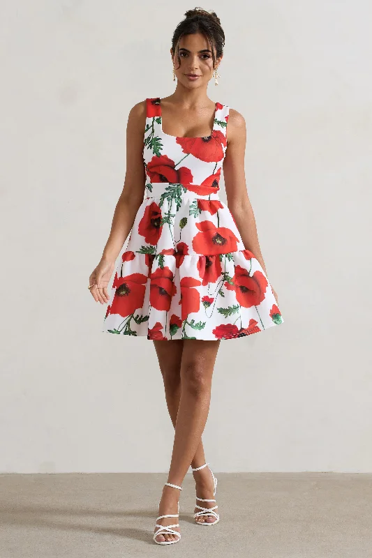 Alia | Poppy Print Scoop-Neck Tiered Volume Hem Mini Dress