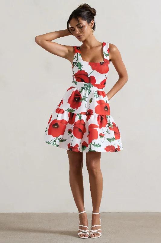 Alia | Poppy Print Scoop-Neck Tiered Volume Hem Mini Dress