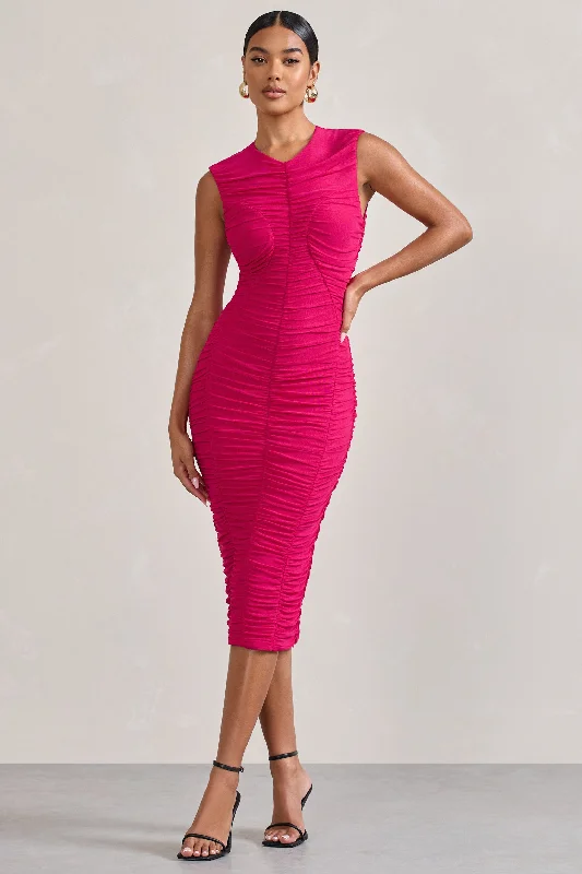 Alight | Fuchsia Pink Ruched Mesh Sleeveless Bodycon Midi Dress