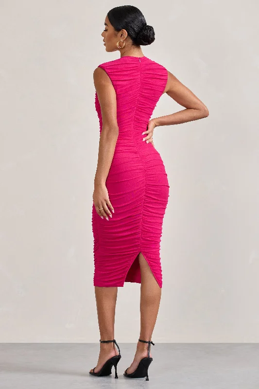 Alight | Fuchsia Pink Ruched Mesh Sleeveless Bodycon Midi Dress