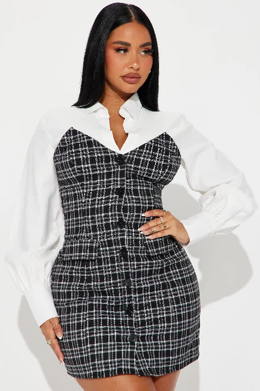 Aria Button Up Mini Dress - Black/White