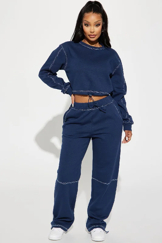 Aria Contrast Stitch Fleece Lounge Crew Neck - Navy