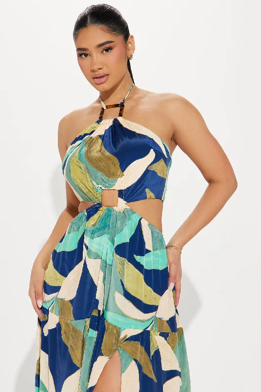 Beach Talking Satin Maxi Dress - Blue/combo