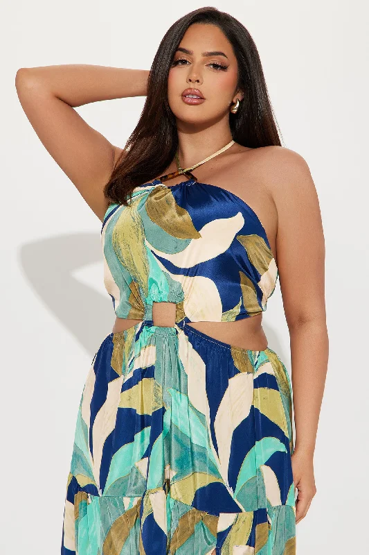 Beach Talking Satin Maxi Dress - Blue/combo