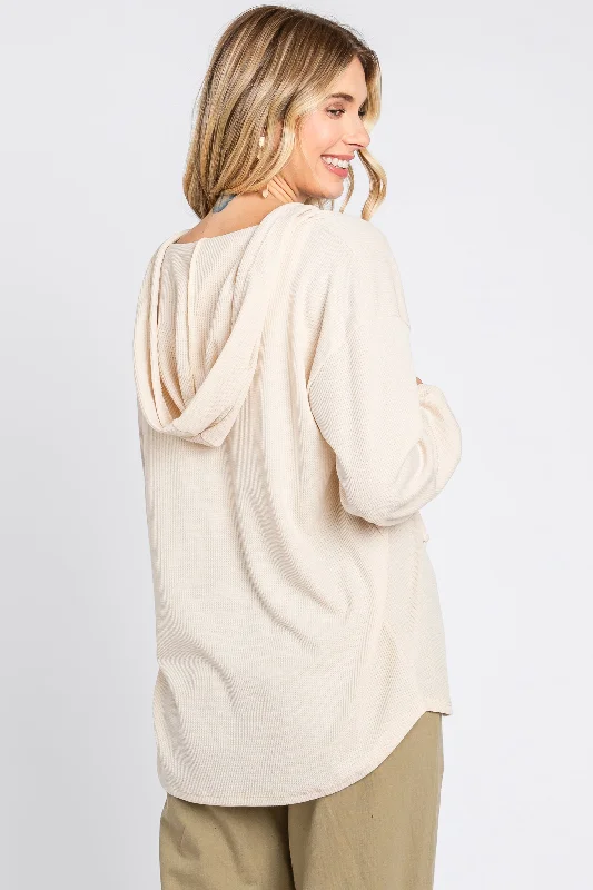 Beige Button Accent Hooded Henley Top