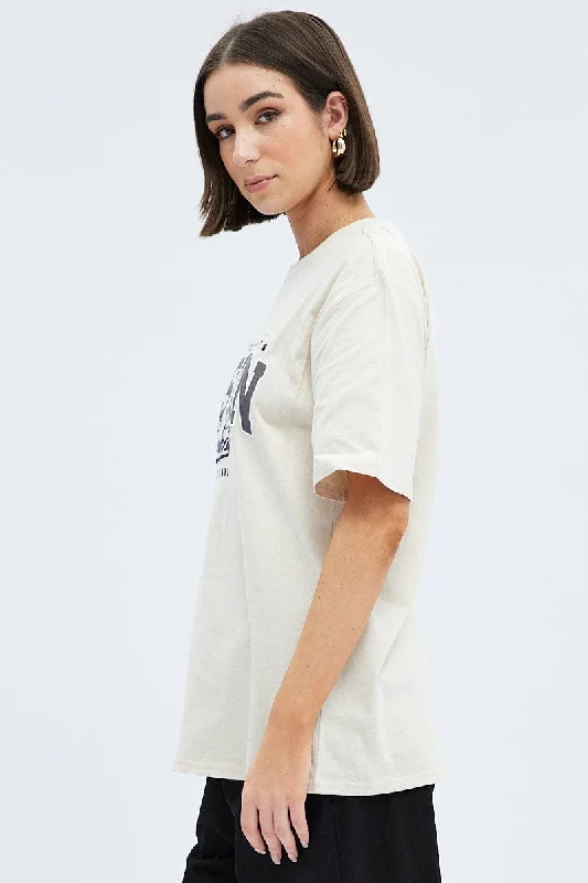 Beige Graphic Tee Short Sleeve Oversized