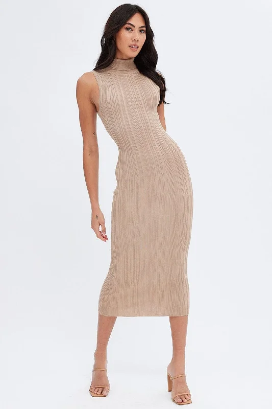 Beige Midi Dress Turtle Neck Bodycon Knitted Rib