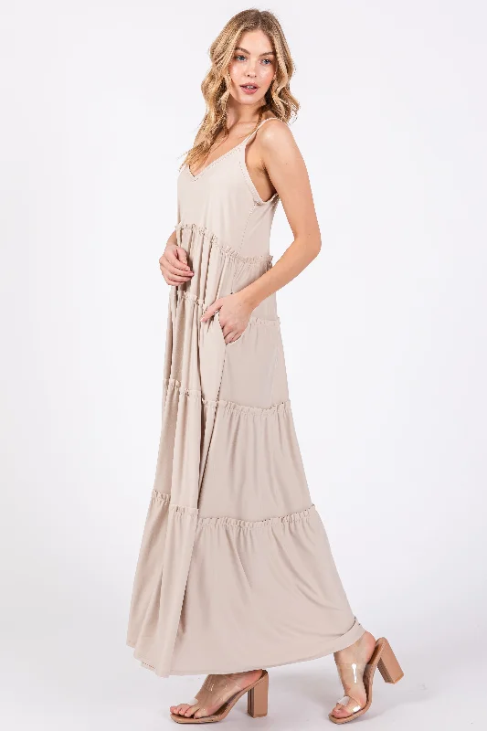 Beige Tiered Sleeveless Maxi Dress