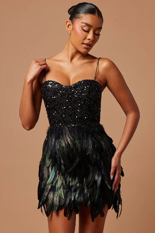 Bella Sequin Feather Mini Dress - Black