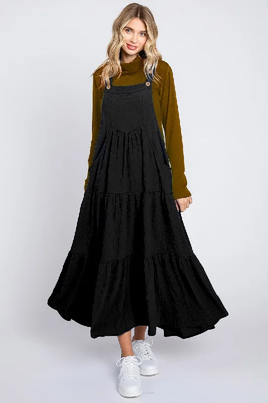 Black Button Sling Tiered Midi Dress