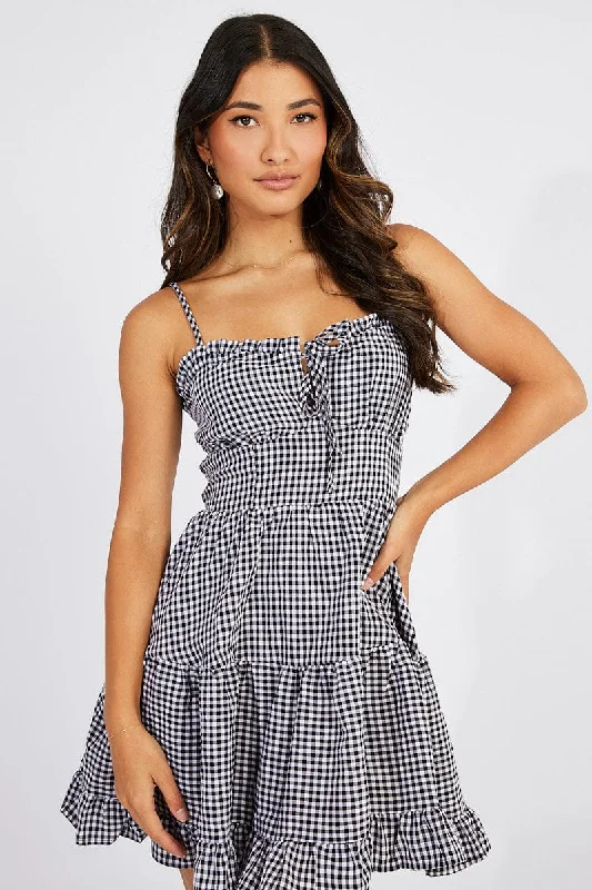 Black Check Fit and Flare Dress Sleeveless Tiered