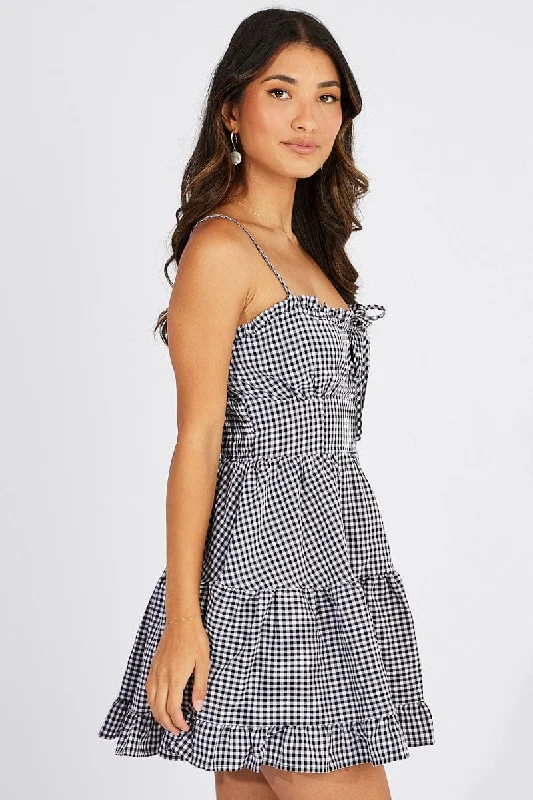 Black Check Fit and Flare Dress Sleeveless Tiered