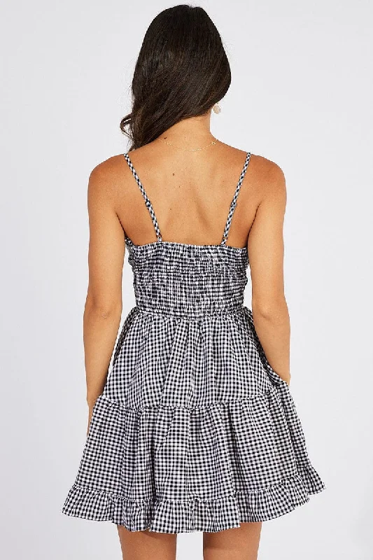 Black Check Fit and Flare Dress Sleeveless Tiered