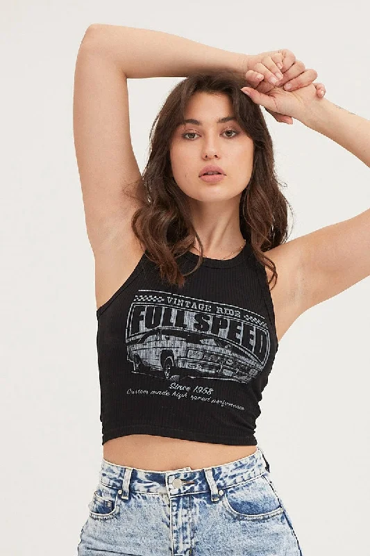 Black Cropped Crew Neck Tank