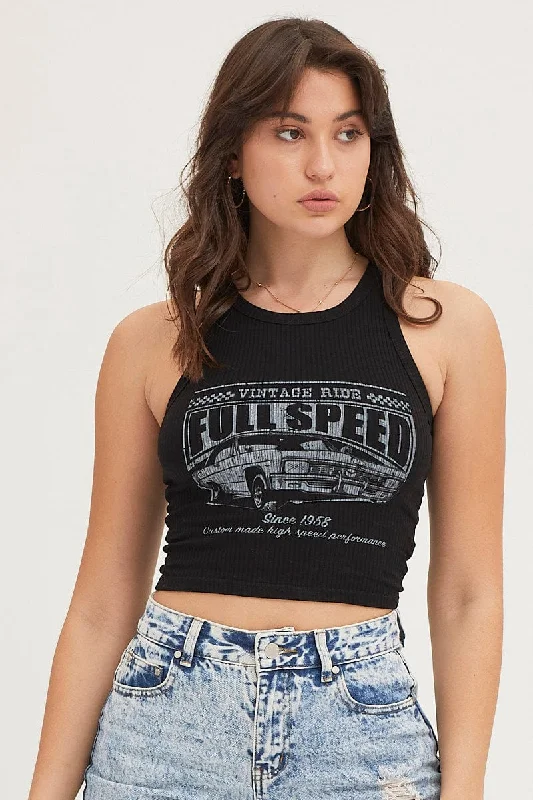 Black Cropped Crew Neck Tank