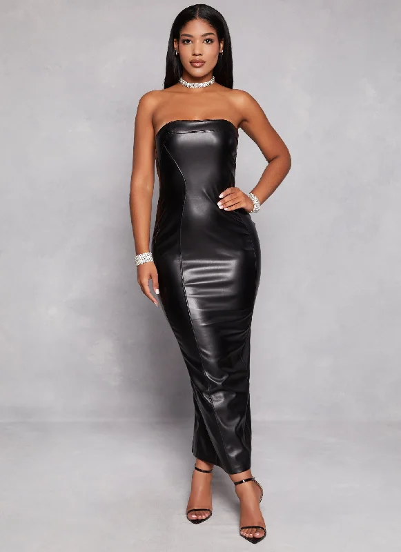 Faux Leather Cut Out Back Maxi Tube Dress