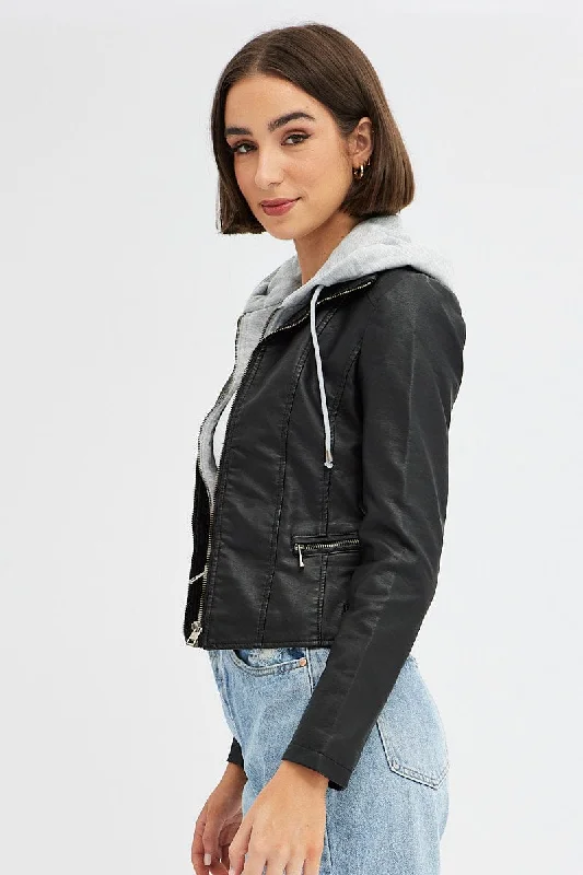 Black Faux Leather Jacket Long Sleeve Hoodie