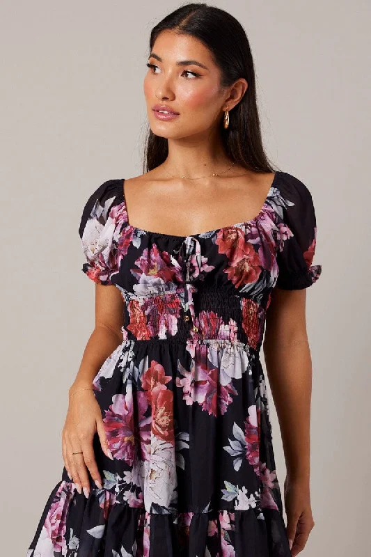 Black Floral Fit And Flare Dress Puff Sleeve Mini