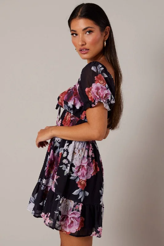 Black Floral Fit And Flare Dress Puff Sleeve Mini