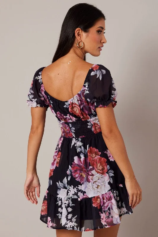 Black Floral Fit And Flare Dress Puff Sleeve Mini