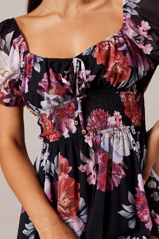 Black Floral Fit And Flare Dress Puff Sleeve Mini