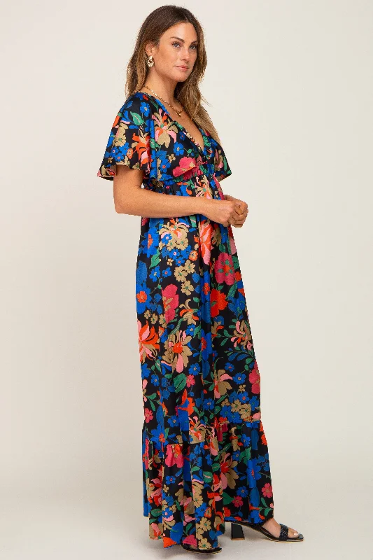 Black Floral Flounce Sleeve Maxi Dress