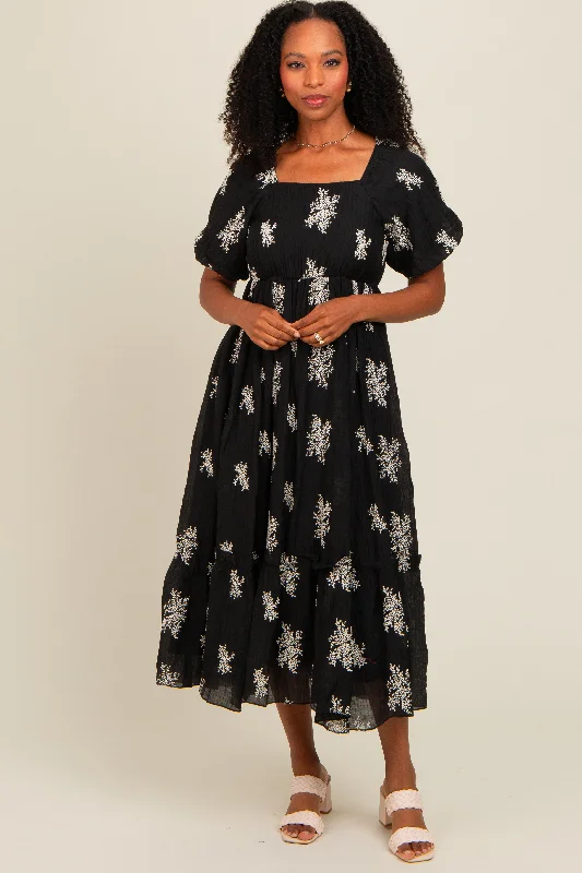 Black Floral Print Ruffle Hem Midi Dress