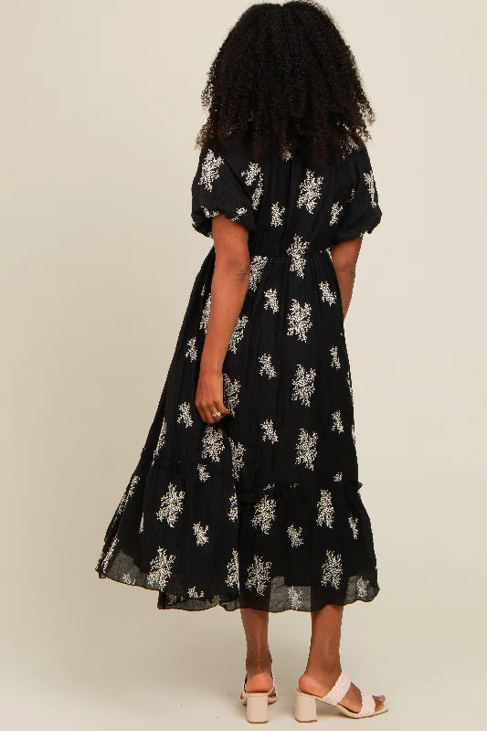 Black Floral Print Ruffle Hem Midi Dress