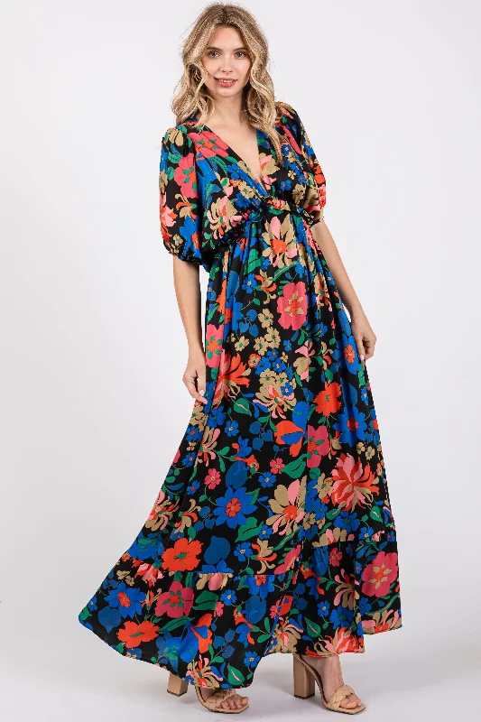 Black Floral Satin Deep V-Neck Puff Sleeve Maxi Dress