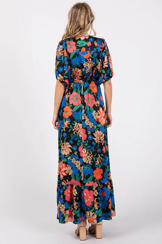 Black Floral Satin Deep V-Neck Puff Sleeve Maxi Dress