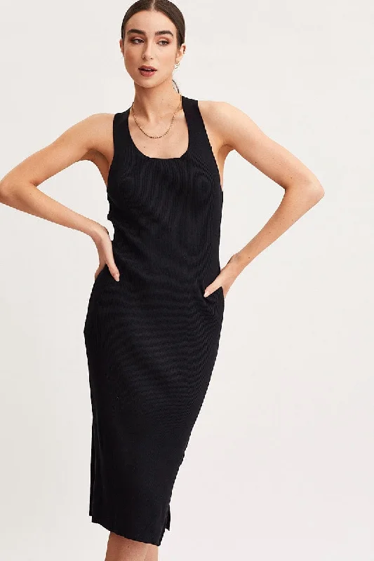 Black Keyhole Dress Sleeveless Midi Knit