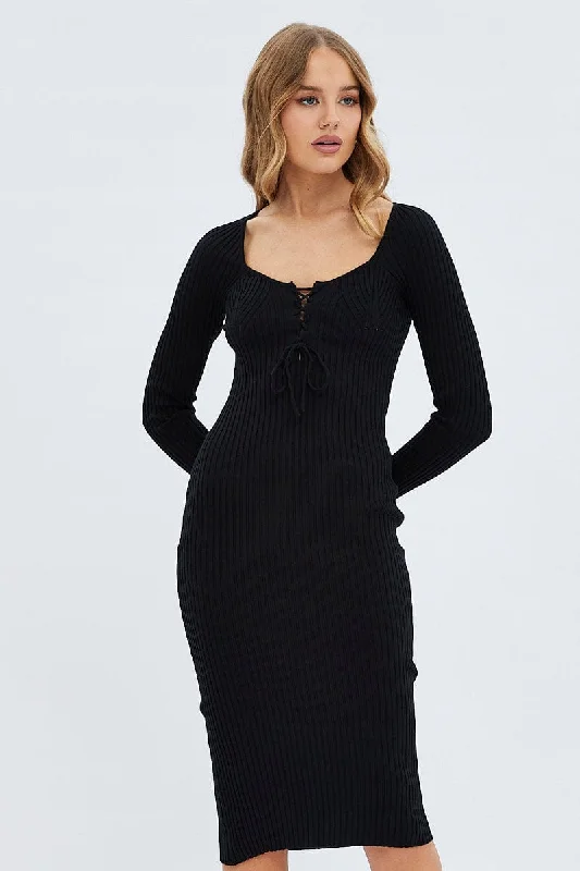 Black Knit Dress Long Sleeve Midi