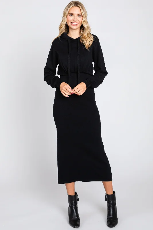 Black Knit Hooded Long Sleeve Dress