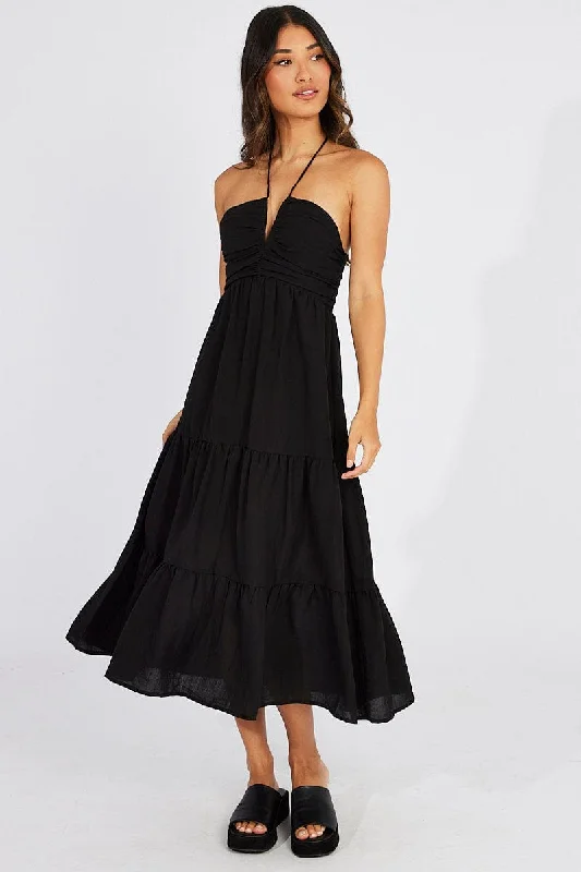 Black Maxi Dress Halter Neck Tiered