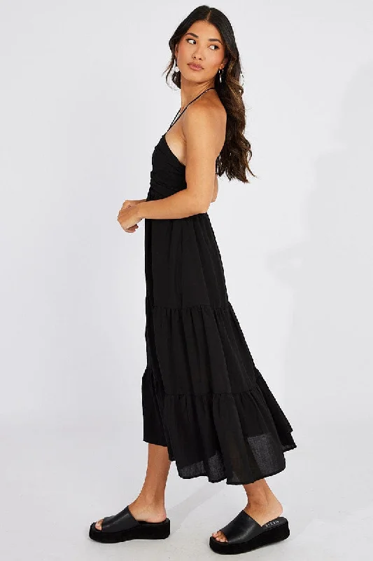 Black Maxi Dress Halter Neck Tiered