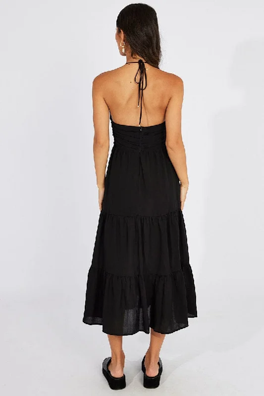 Black Maxi Dress Halter Neck Tiered