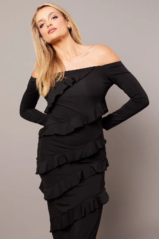 Black Maxi Dress Off Shoulder Ruffle Bardot Dress