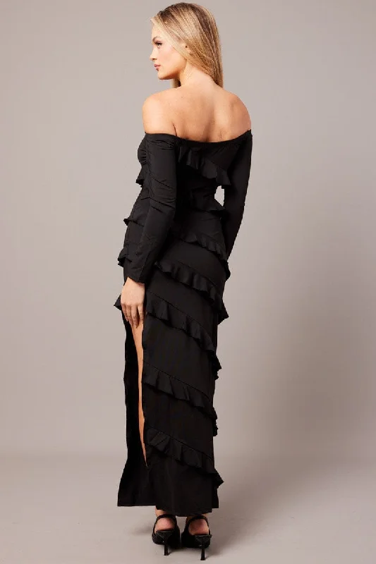 Black Maxi Dress Off Shoulder Ruffle Bardot Dress