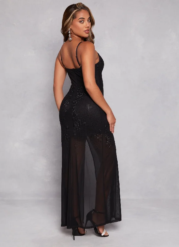 Rhinestone Mesh Side Slit Maxi Dress