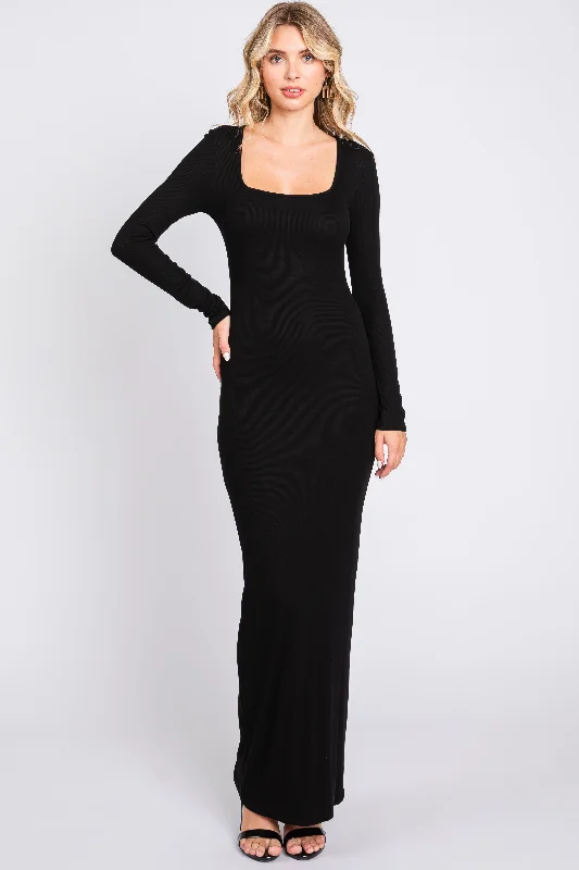 Black Ribbed Long Sleeve Square Neck Maxi Dress