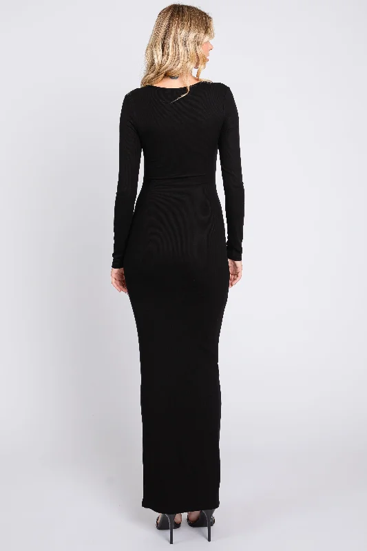 Black Ribbed Long Sleeve Square Neck Maxi Dress