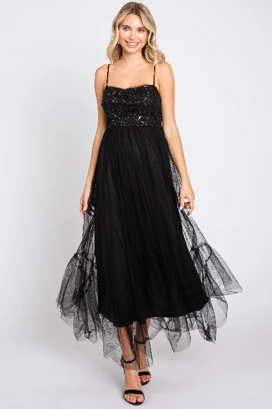 Black Sequin Top Tulle Midi Dress