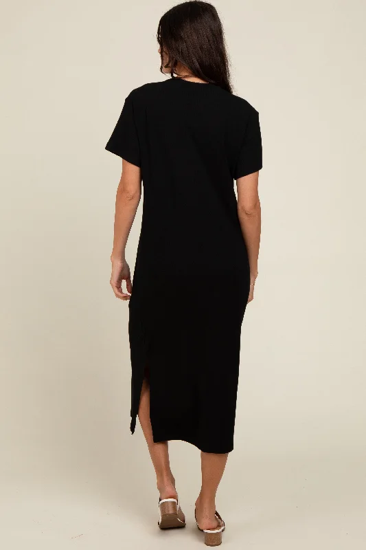 Black Short Sleeve Side Slit T-Shirt Midi Dress