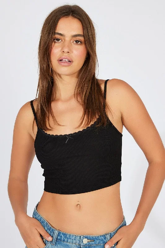 Black Singlet Top Lace Trim Cropped