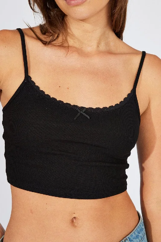 Black Singlet Top Lace Trim Cropped